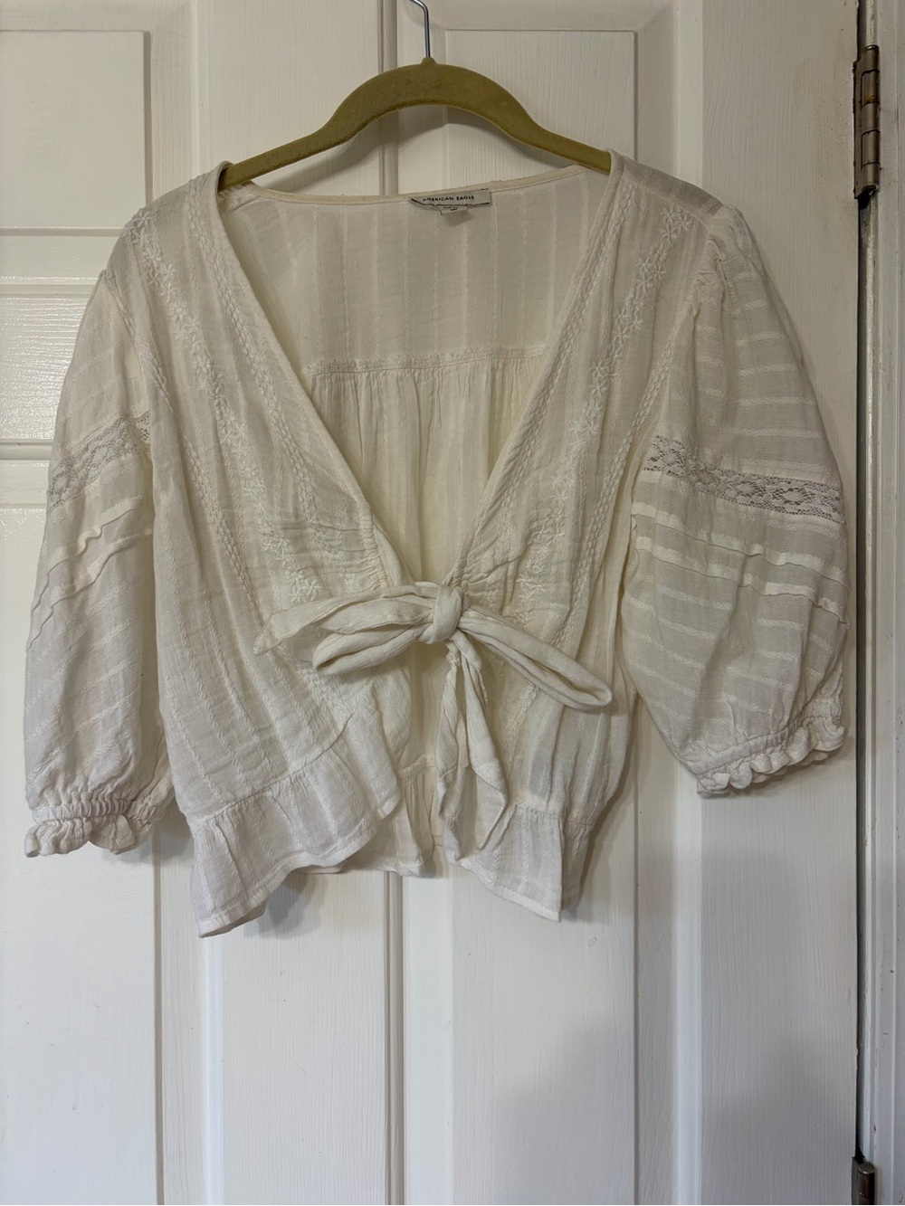 American Eagle Outfitters Ivory Tie-Front Peasant Blouse